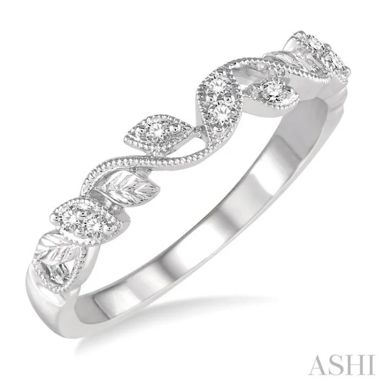 Custom Stackable Wedding Rings-1/10 Ctw Leaf Motif Round Cut Diamond Wedding Band in 14K White Gold