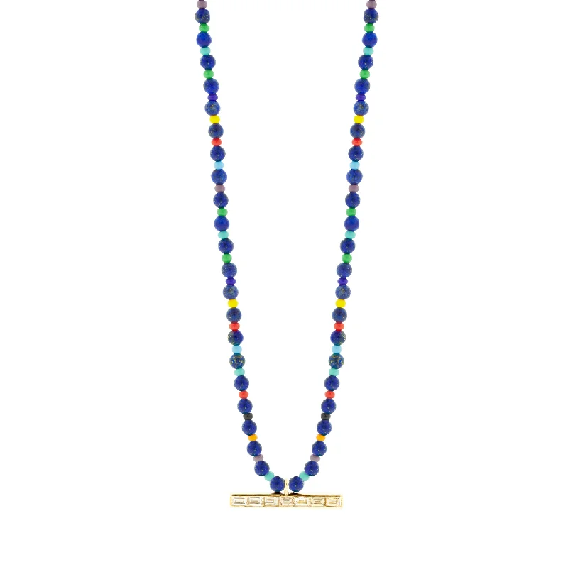 Modern Necklaces-TLC Diamond Baguette ID Bar on Lapis Beaded Necklace