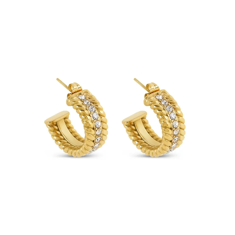 Designer Hoop Earrings-Curb Chain Stone Hoop Earrings - Gold