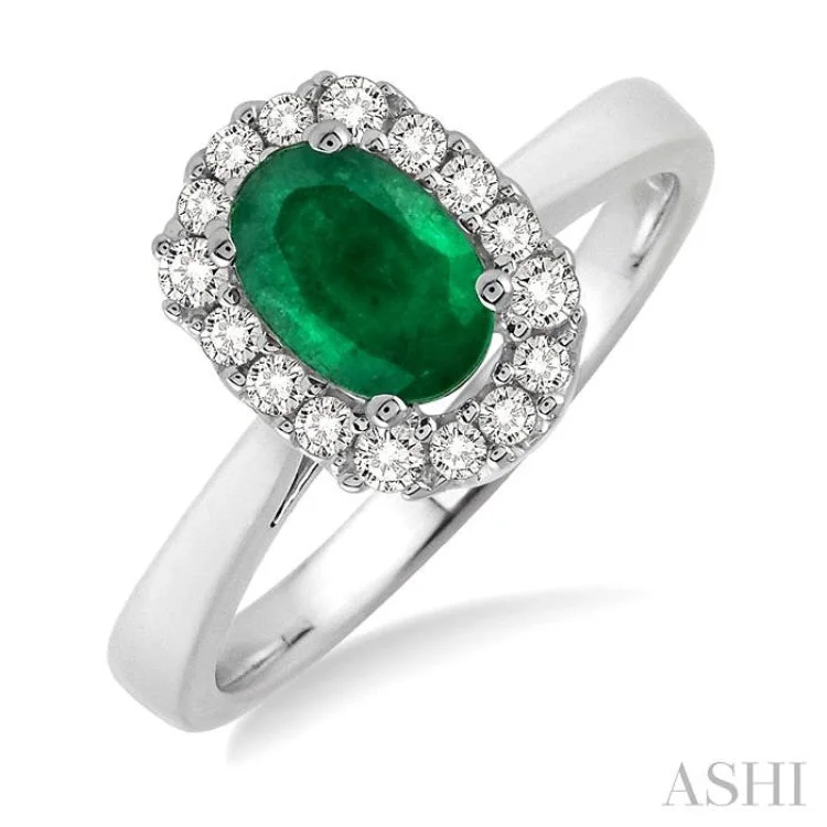 Handcrafted Wedding Ring Designs-6x4 MM Oval Cut Emerald and 1/6 Ctw Round Cut Diamond Ring in 14K White Gold