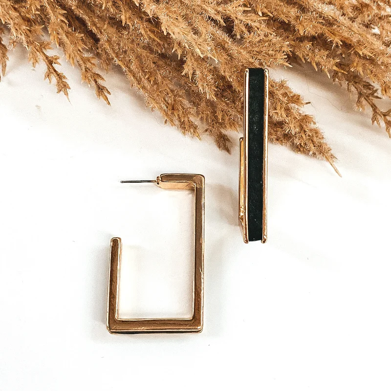 Personalized Gold Earrings-Gold Rectangle Hoops with Leather Inlay in Black