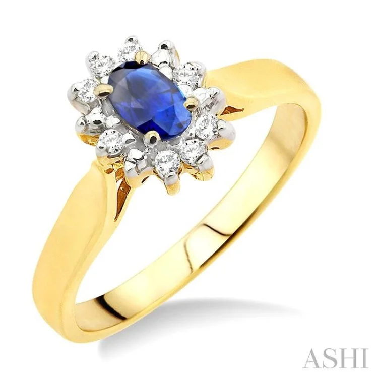 Designer Promise Rings for Women-5x3mm Oval Cut Sapphire and 1/10 Ctw Round Cut Diamond Ring in 14K Yellow Gold