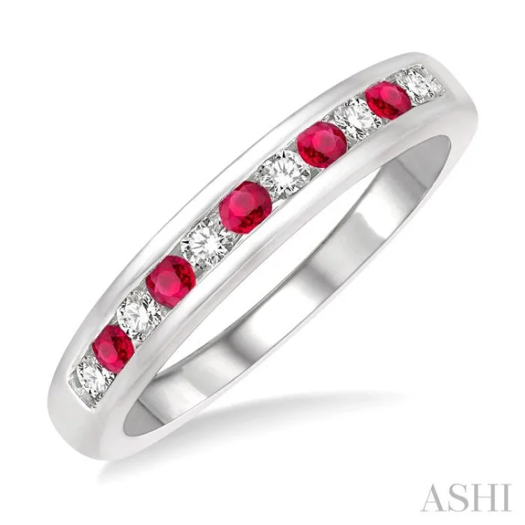 Custom Birthstone Engagement Rings-1/5 ctw Round Cut Diamond and 2MM Ruby Precious Wedding Band in 14K White Gold