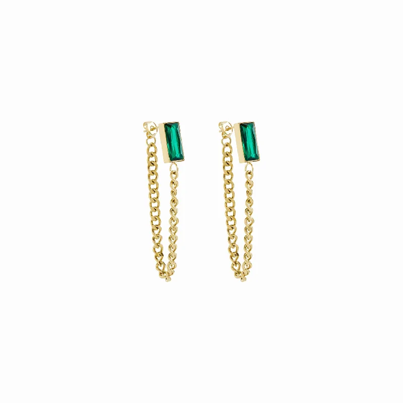 Silver Hoop Earrings-Emerald Cuban Dangle Earrings - Gold