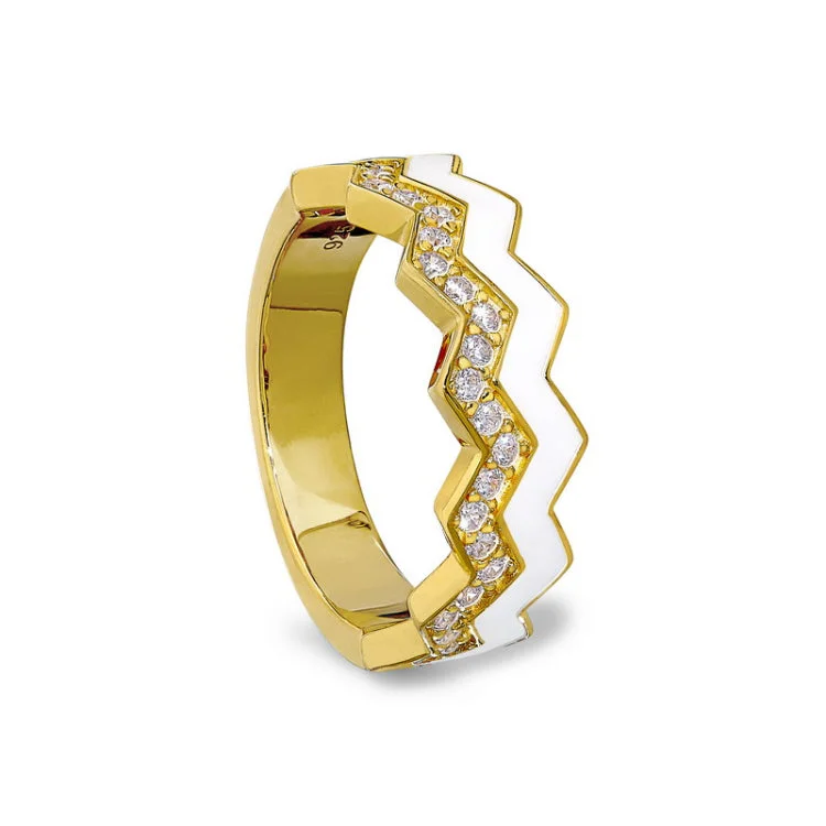 Custom Wedding Ring Designs-Gold vermeil sterling silver micropave ring with with white enamel and simulated diamondss