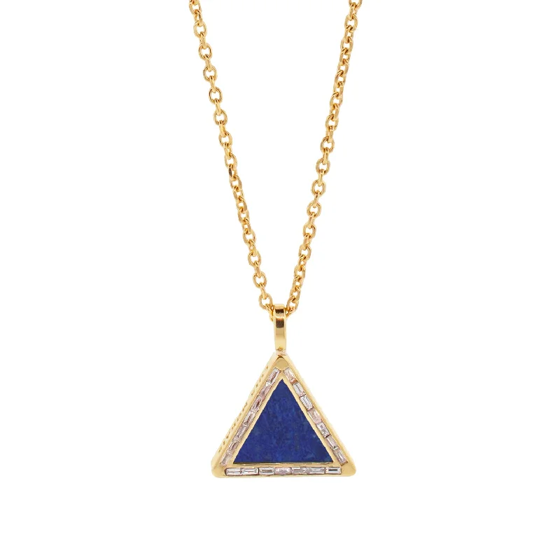 Gold Necklaces-Lapis Triangle Pendant Necklace with Diamond Baguettes