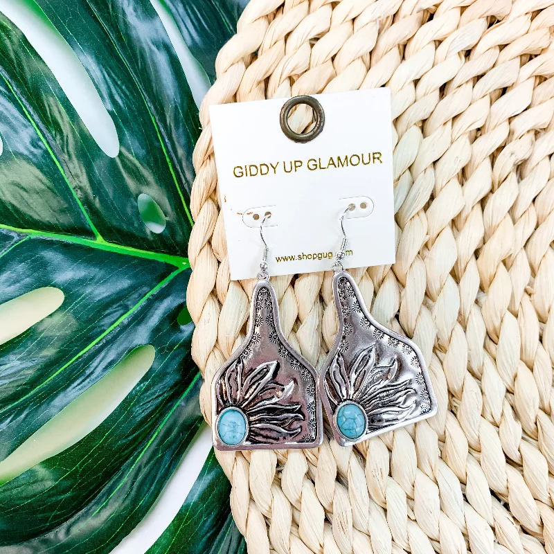 Simple Drop Earrings for Women-Country Charm Silver Ear Tag Metal Earrings With Turquoise Stone