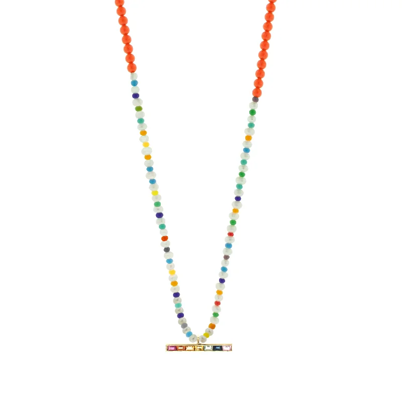 Customizable Necklaces-Rainbow Sapphire Baguette ID Bar on Beaded Necklace