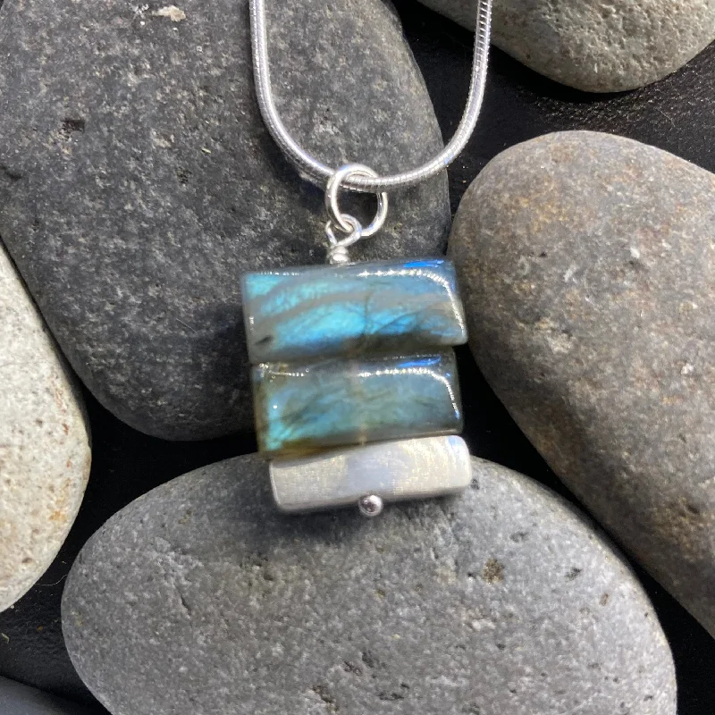 Simple Pendant Necklaces-Square Stacked Labradorite and Sterling Silver Necklace