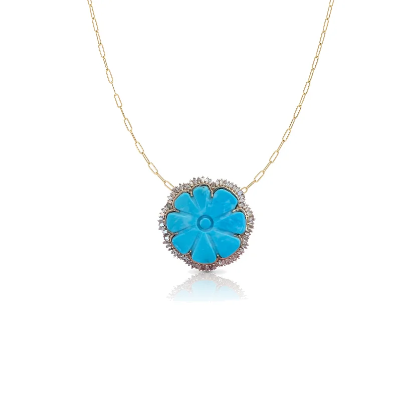 Sterling Silver Necklaces-14k Turquoise Flower Necklace