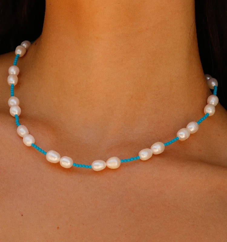 Pendant Necklaces-Pearl Necklace With Mini Turquoise