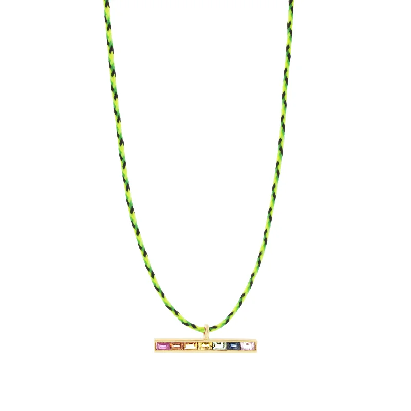 Statement Pendant Necklaces-Rainbow Sapphire Baguette ID Bar on Green Cord Necklace