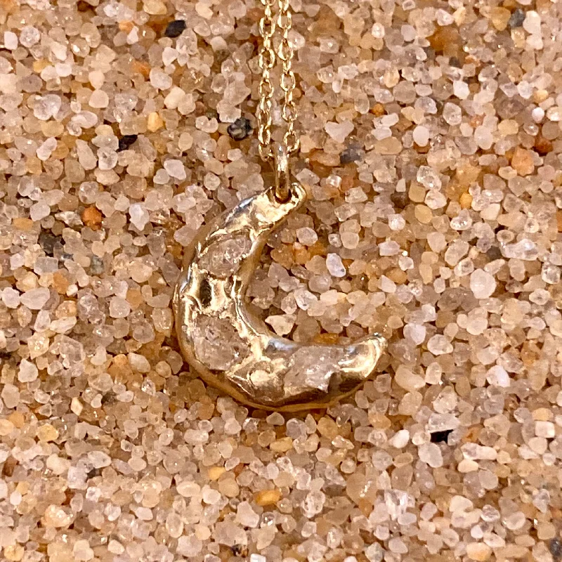 Spiritual Healing Necklaces-Waxing Crescent 14K Gold and Raw Herkimer Diamonds Necklace