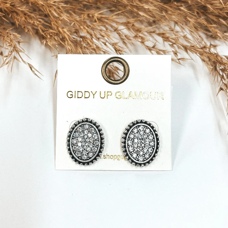 Geometric Crystal Earrings-Silver Oval Stud Earrings with Clear Crystals