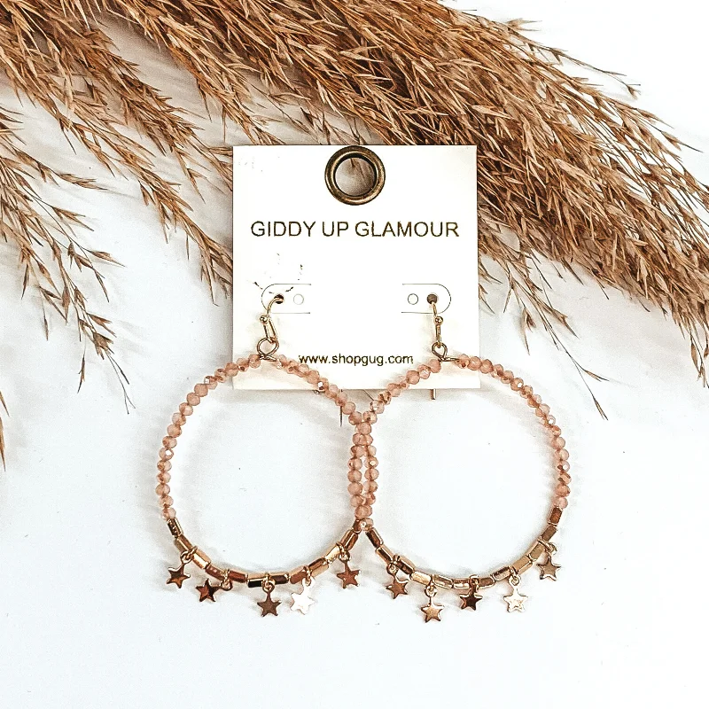 Gold Hoop Earrings-Circle Drop Beaded Earrings with Mini Gold Stars in Rose