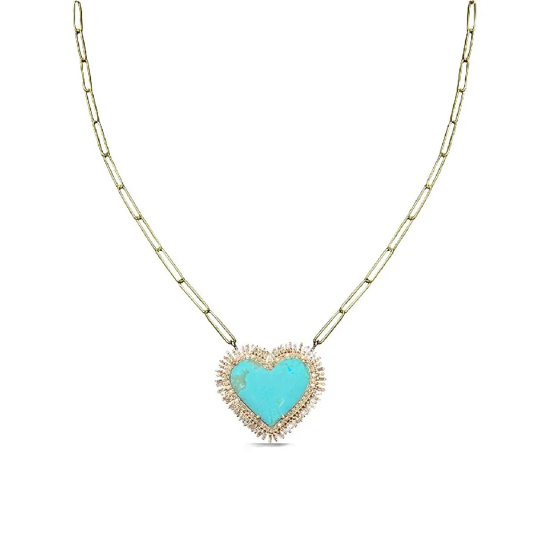 Trendy Fashion Necklaces-14K Baguette Turquoise Heart Charm Necklace