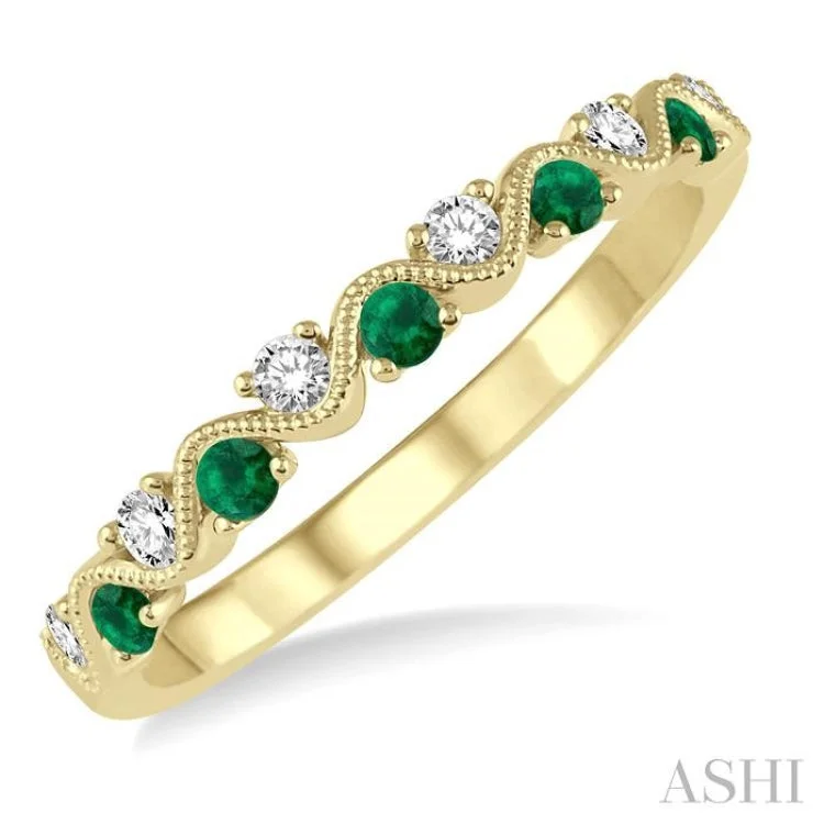 Birthstone Engagement Ring Sets-1/6 Ctw Round Cut Diamond and 1.80mm Emerald Precious Waves Wedding Band in 14K Yellow Gold