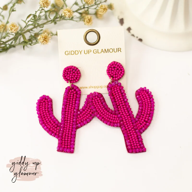 Colorful Drop Gemstone Earrings-Seed Bead Cactus Post Earrings with Crystal Trim in Fuchsia