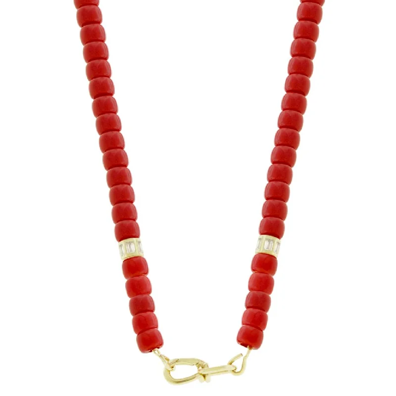 Custom Charm Necklaces-Wire Clasp on Red Glass Bead Necklace with Diamond Barrels