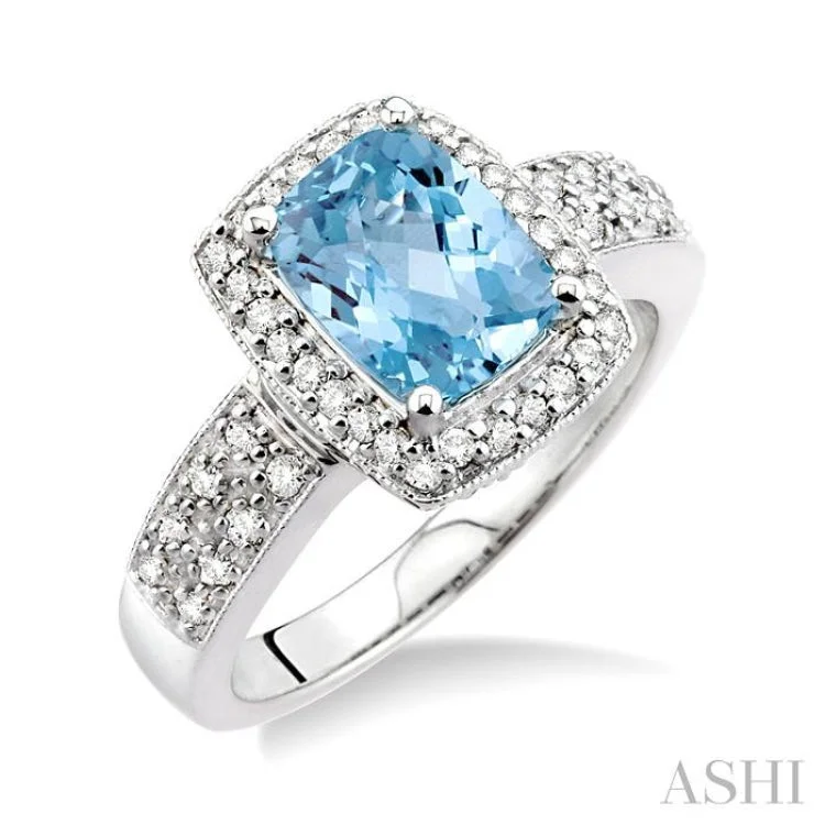 Custom Gemstone Promise Wedding Rings-8x6mm Cushion Cut Aquamarine and 1/3 Ctw Round Cut Diamond Ring in 14K White Gold