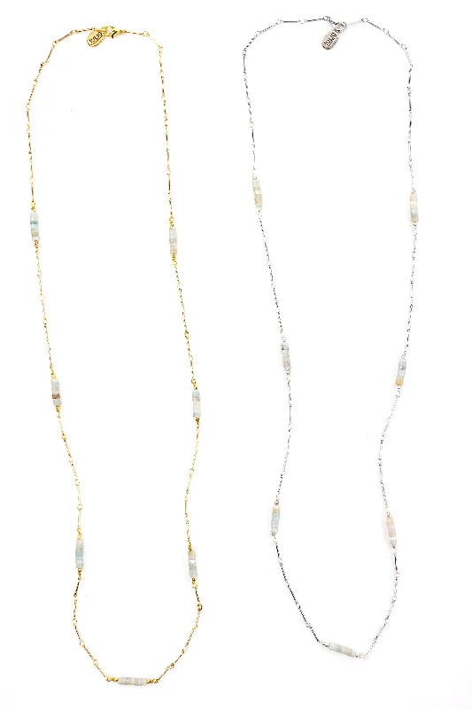 Simple Pendant Necklaces-Boxcar Gemstone and Bar Chain Long Necklace