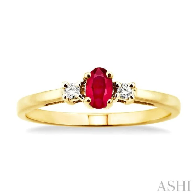 Matching Wedding Ring Sets for Couples-5x3mm Oval Cut Ruby and 1/20 Ctw Round Cut Diamond Ring in 10K Yellow Gold