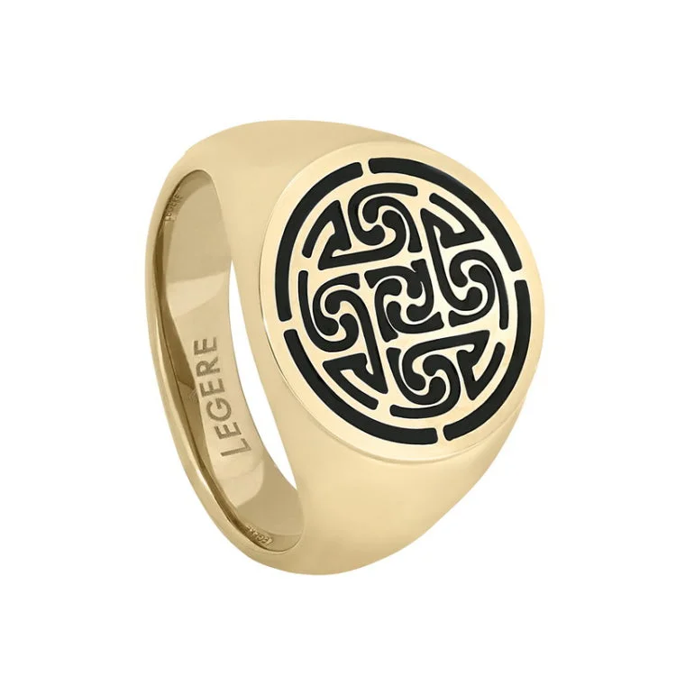 Affordable Designer Engagement Rings-Gold IP Finish Stainless Steel Patterned Ring with Black Epoxy