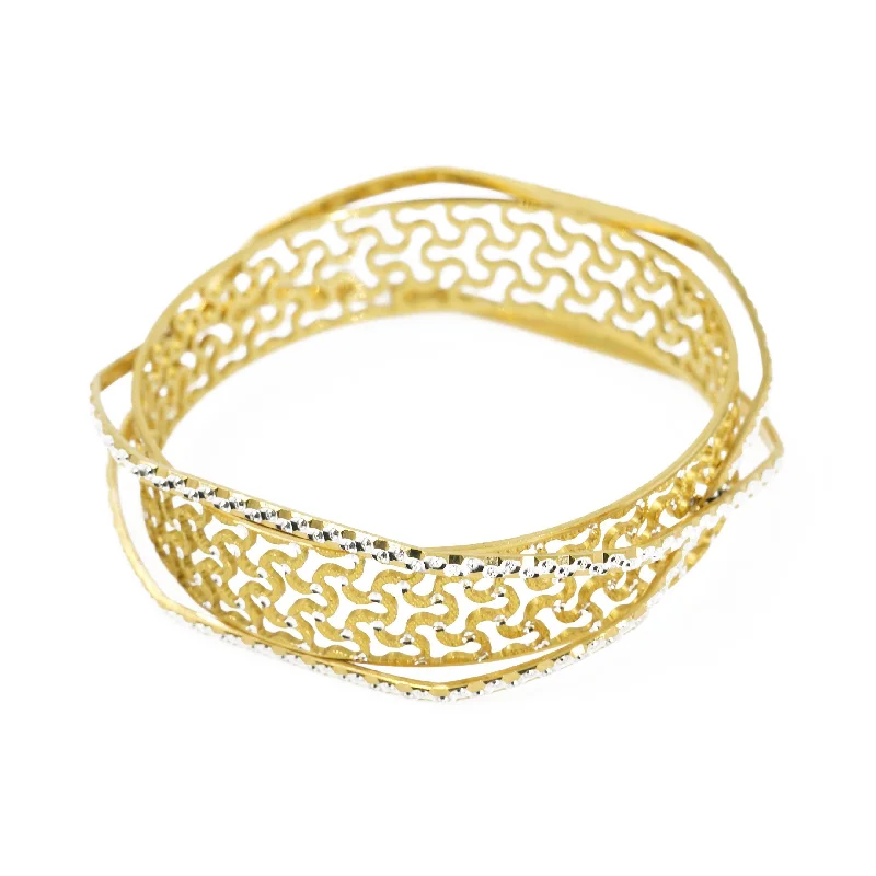 Custom Gold Bracelets for Weddings-22K Multi Tone Gold Bangle W/ Diamond Cutting & Open Cut Design on Crossover Bracelets