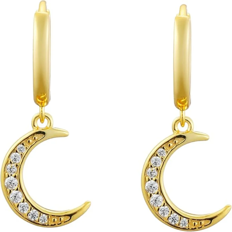 Crystal Pearl Earrings-Crescent Moon Crystal Dangle Hoop Earrings