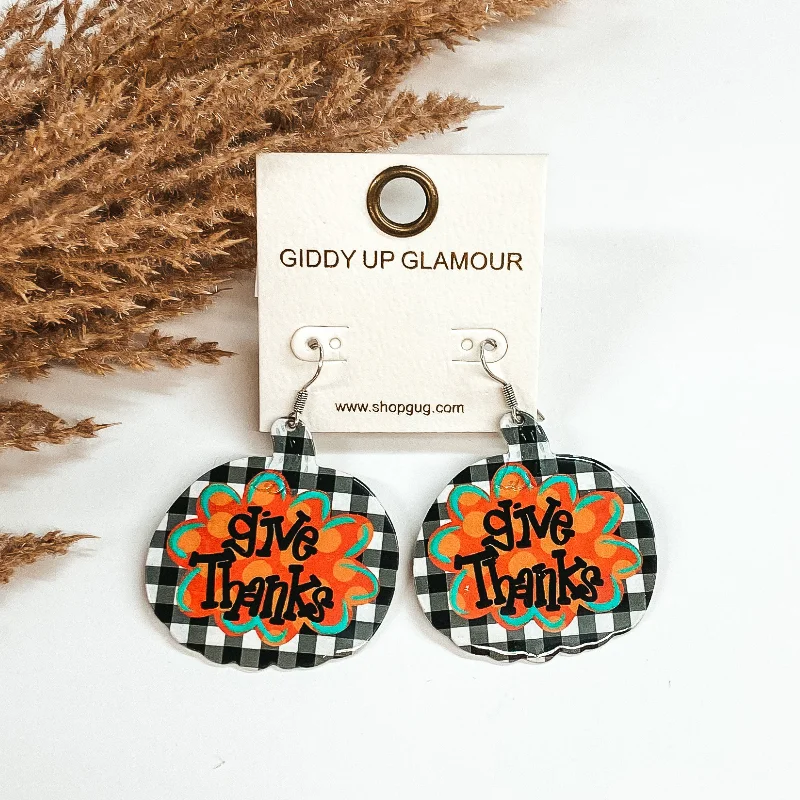 Elegant Drop Earrings for Women-Give Thanks Pumpkin Metal Dangle Earrings in White Buffalo Plaid