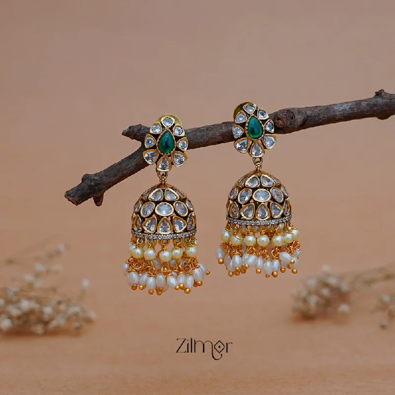 Luxury Drop Hoop Earrings-SN1011219 -Polki Stone Pearl Hanging Jumkha Earrings