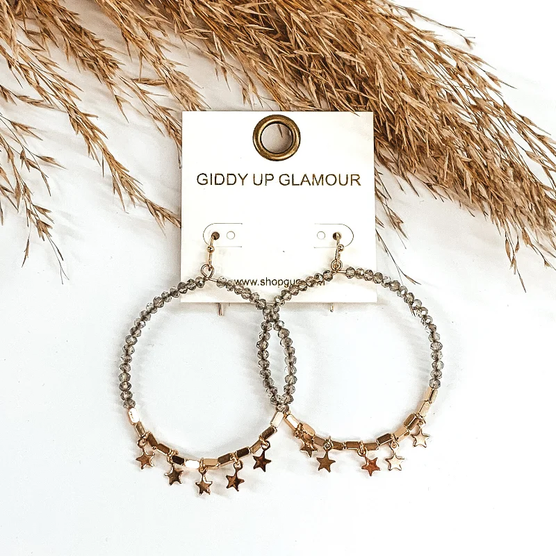 Stylish Hoop Earrings-Circle Drop Beaded Earrings with Mini Gold Stars in Grey