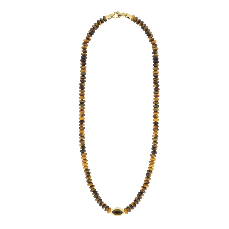 One-Of-A-Kind Necklaces-Citrine Eye of the Idol on Tiger's Eye Beaded Necklace