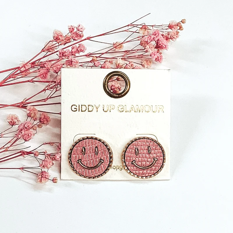 Modern Pearl Earrings-Animal Print Circle Happy Face Earrings in Pink