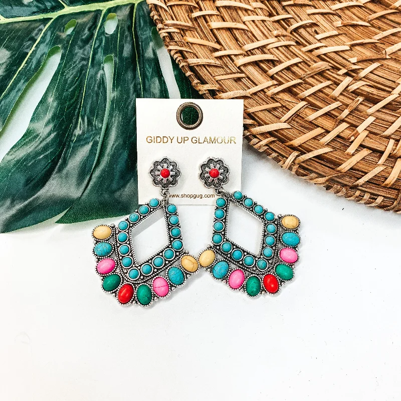 Silver Hoop Earrings-Western Chandelier Earrings in Multi