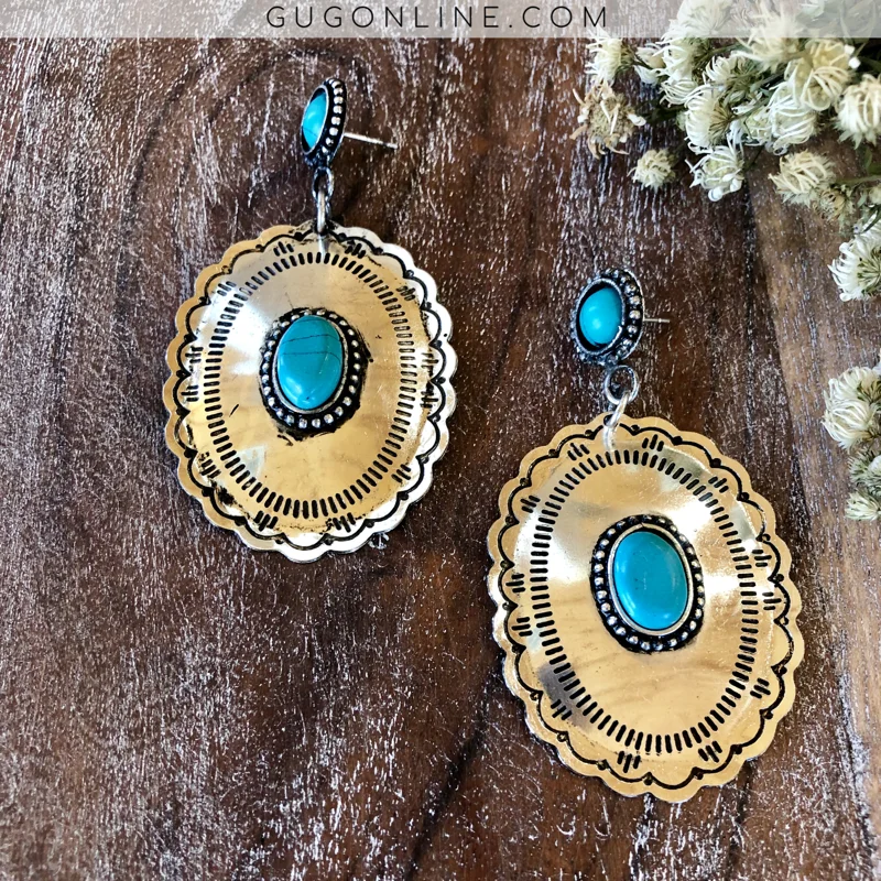 Designer Pearl Earrings for Women-Silver Concho Earrings with Turquoise Stones