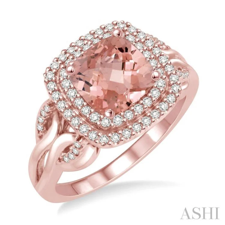 Engagement Rings with Colored Diamonds-1/3 Ctw Round Diamond and Cushion Cut 7x7mm Morganite Double Row Semi Precious Ring in 10K Rose Gold