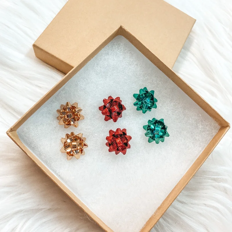 Trendy Drop Earrings-Holiday Special | Set of 3 Gift Bow Stud Earrings in Gold, Red, and Green in Gift Box