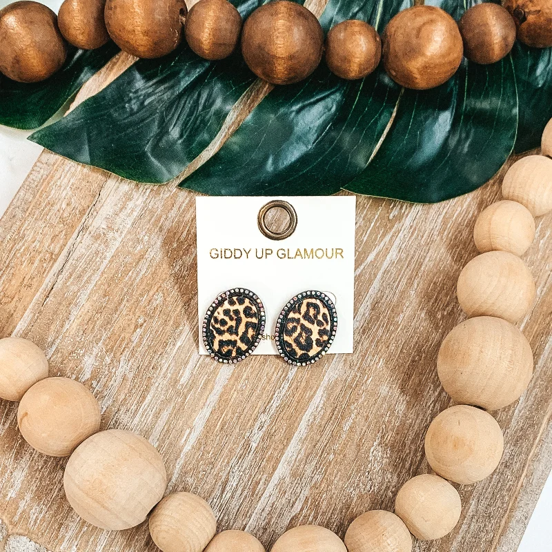 Custom Pearl Earrings-Oval Leopard Print Studs in Patina with AB Crystals