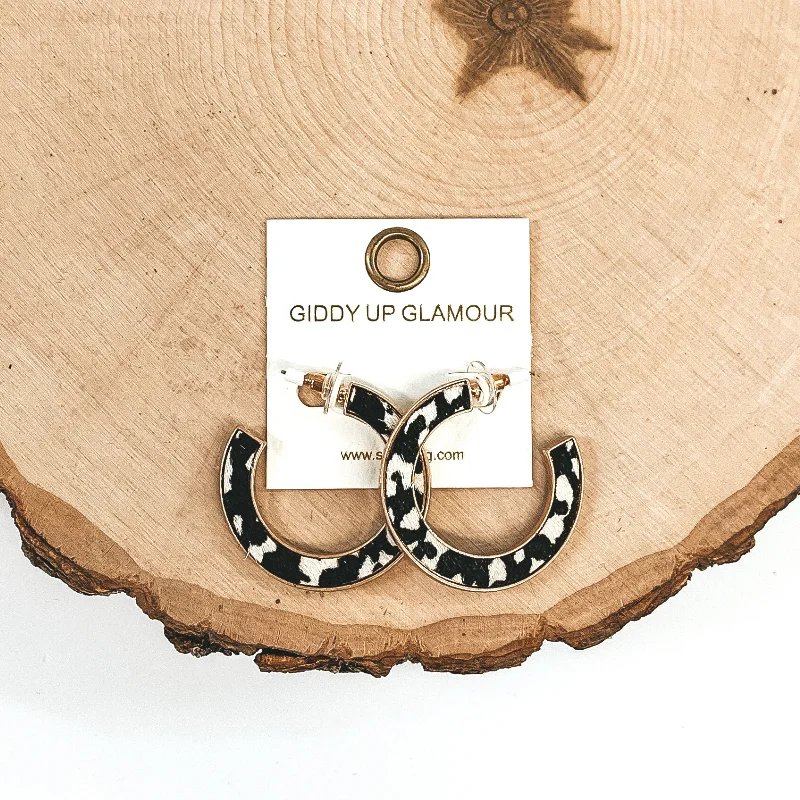 Trendy Silver Hoop Earrings-Animal Print Gold Hoops in Black/White