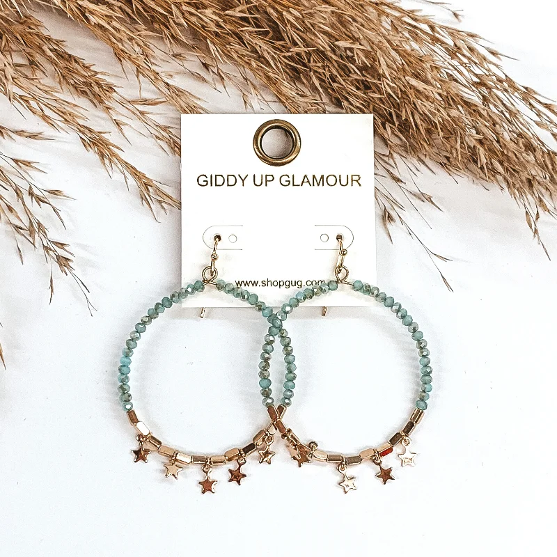 Simple Silver Hoop Earrings-Circle Drop Beaded Earrings with Mini Gold Stars in Turquoise