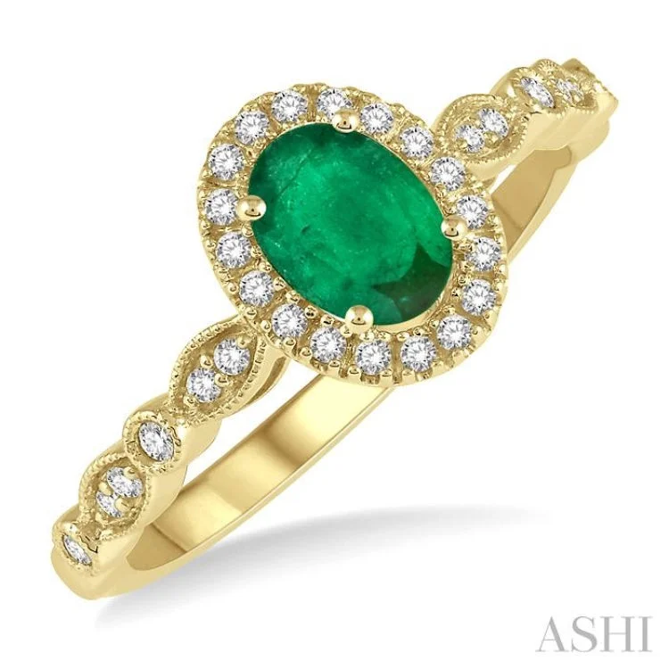 Birthstone Engagement Ring Sets-1/6 Ctw Oval Shape 6x4mm Emerald & Round Cut Diamond Precious Ring in 10K Yellow Gold