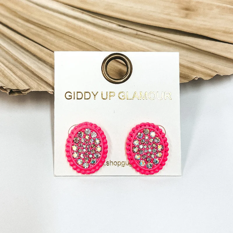 Designer Crystal Drop Earrings-Pink Oval Stud Earrings with AB Crystals