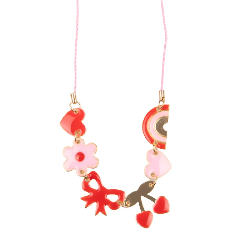 Diamond Necklaces-Hearts and Cherries Enamel Charm Necklace