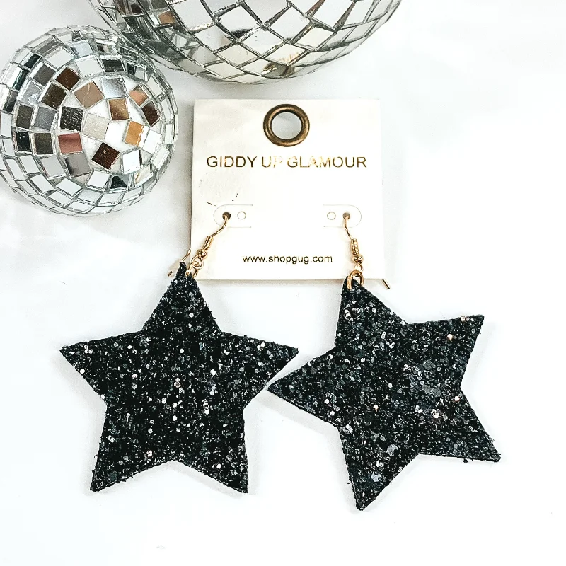 Geometric Drop Earrings for Women-Glitter Star Earrings in Black