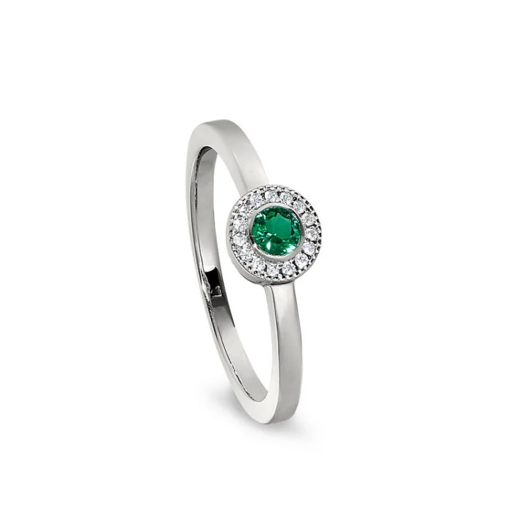 Adjustable Engagement Rings-Platinum Finish Sterling Silver Micropave Round Simulated Emerald Ring with Simulated Diamonds Size 7