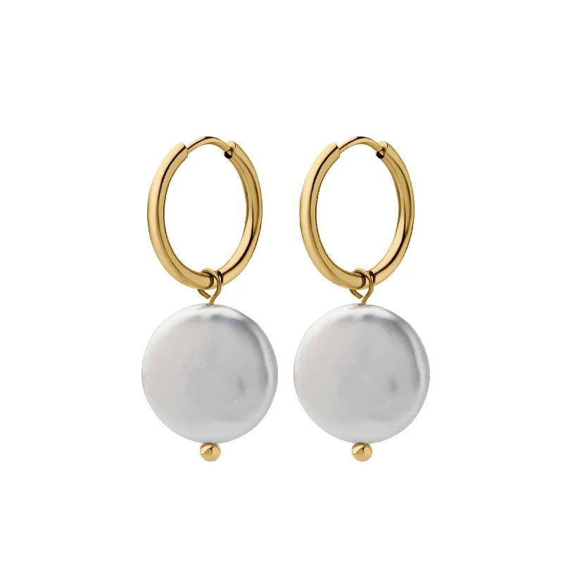 Designer Gold Earrings for Women-Coin Pearl Hoop Earrings