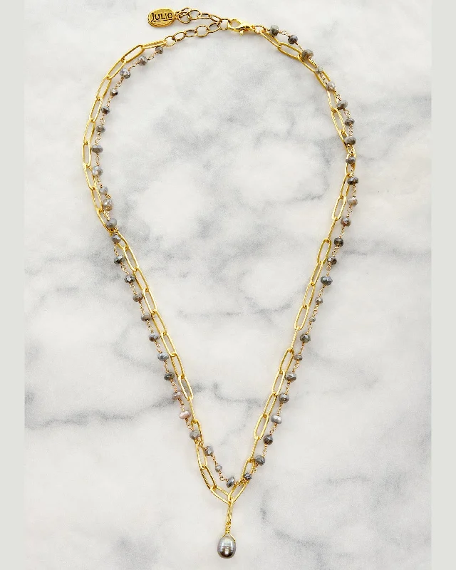 Designer Gold Necklaces-Fanta Double Strand Gemstone and Paperclip Chain Necklace