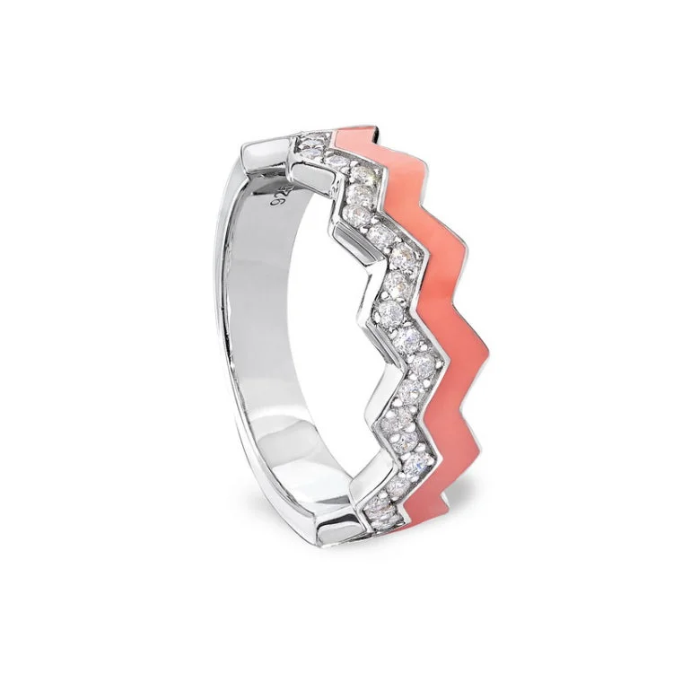 Classic Diamond Wedding Bands-Platinum Finish Sterling Silver Micropave Ring with with Coral Enamel and Simulated Diamondss