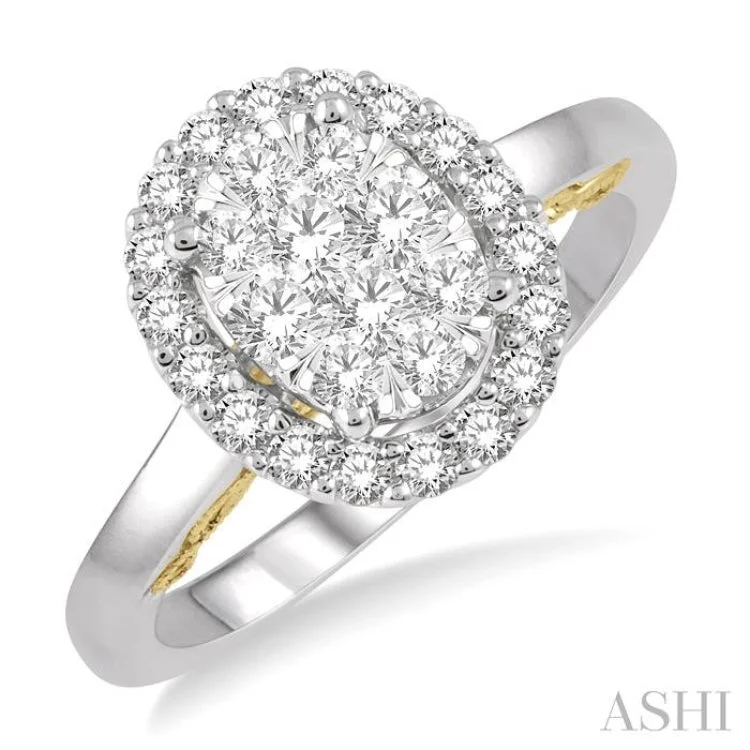 Personalized Rose Gold Promise Rings-3/4 Ctw Oval Shape Lovebright Round Cut Diamond Ring in 14K White and Yellow Gold